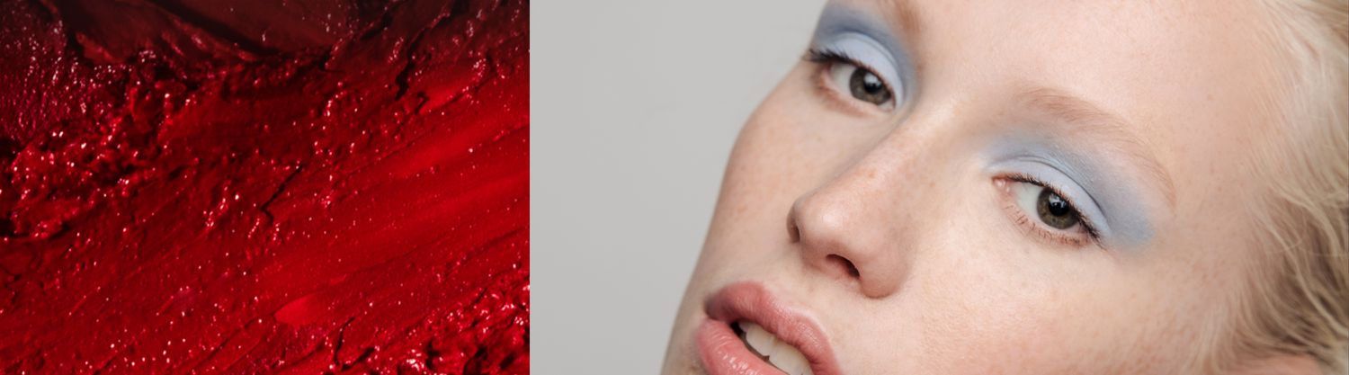 split image of red makeup and woman with light colored eye shadow