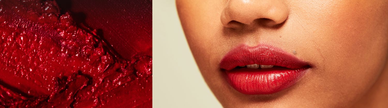 split image of smeared red makeup and a zoomed in image of someones lips with red lipstick on them