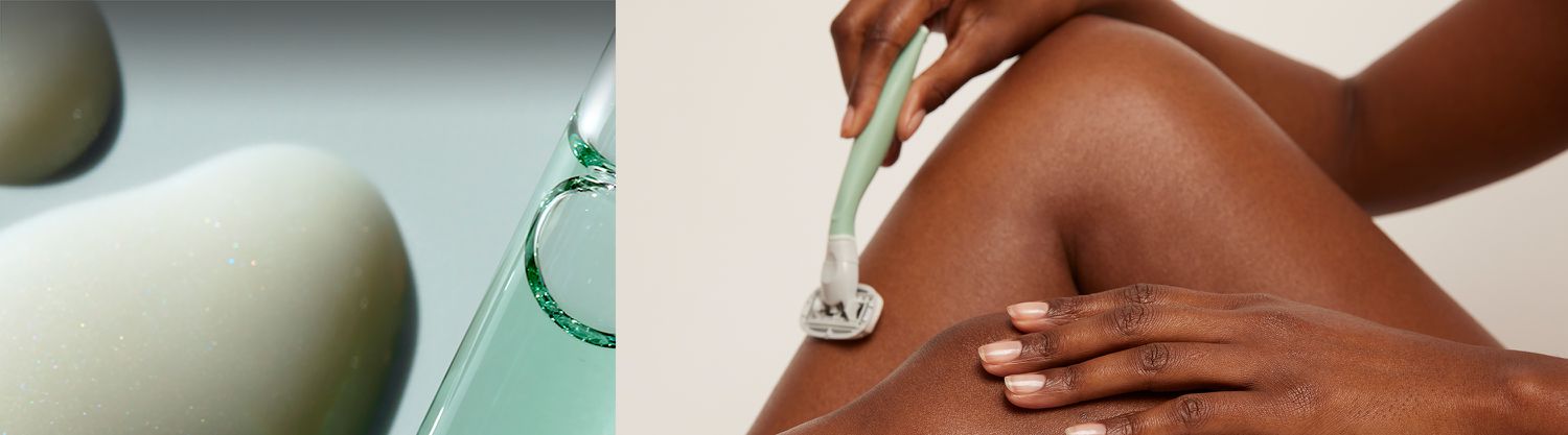 split image of oil vial and model using razor to shave her leg