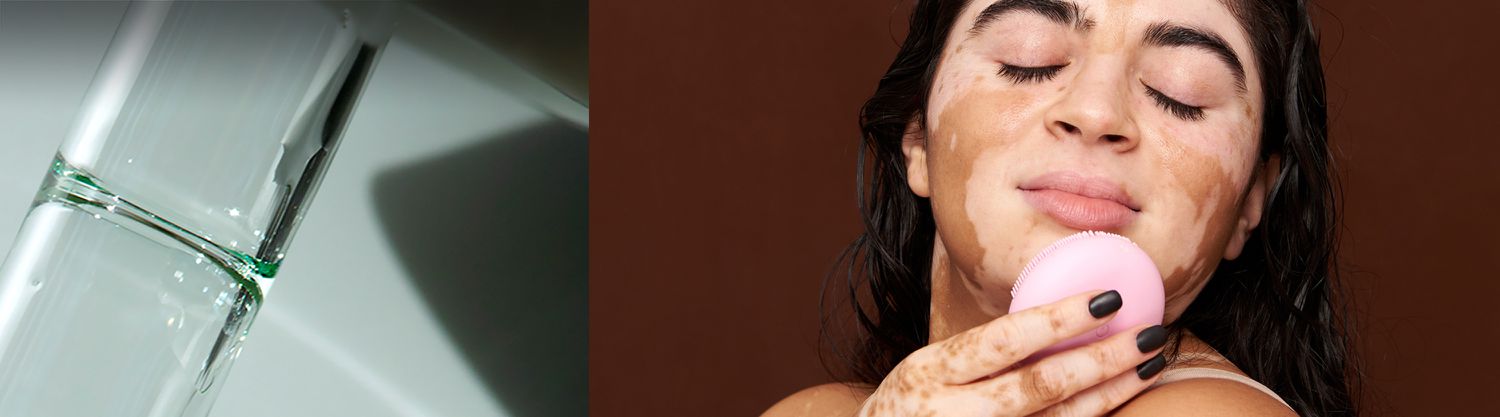 split image of oil vial and model putting pink device to her face