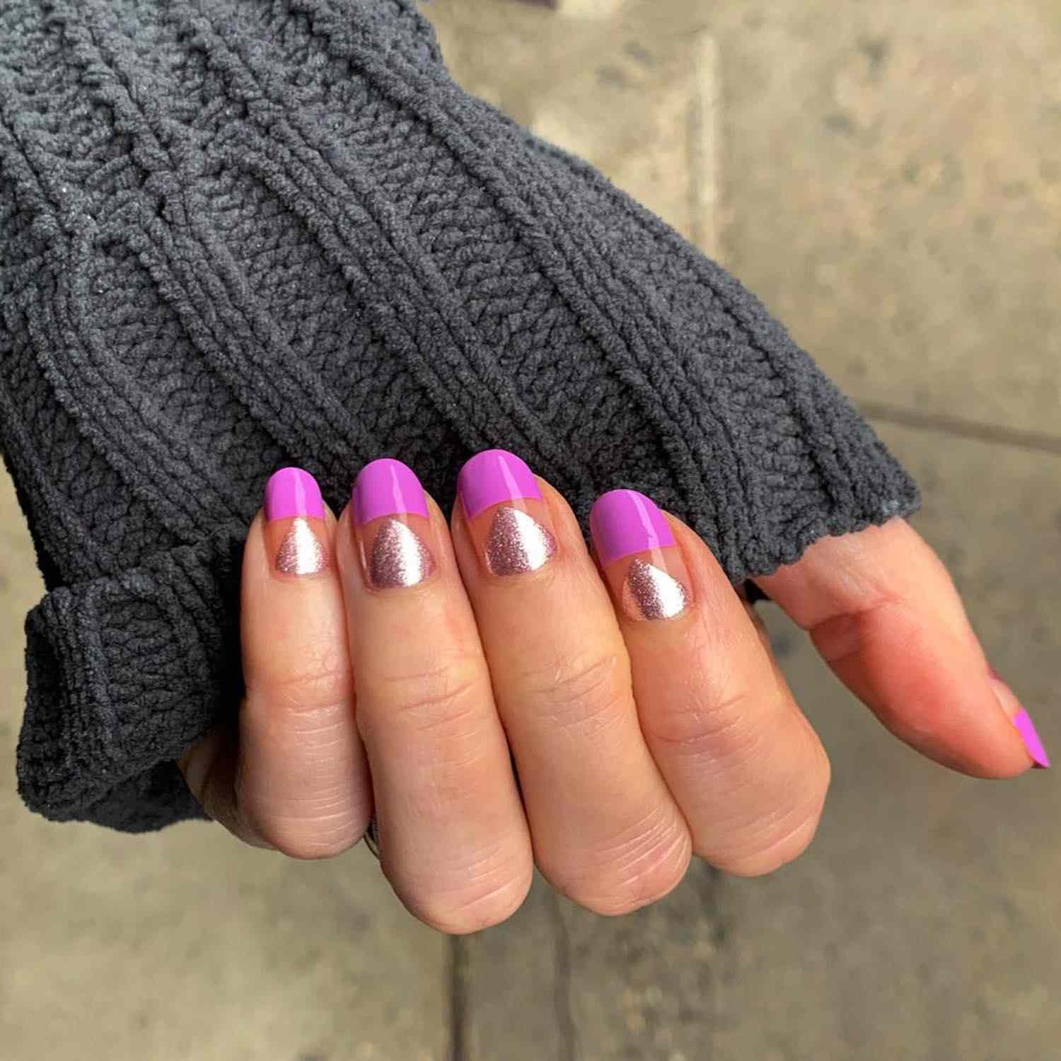 Manicure with azalea purple tips and rose gold triangles at base