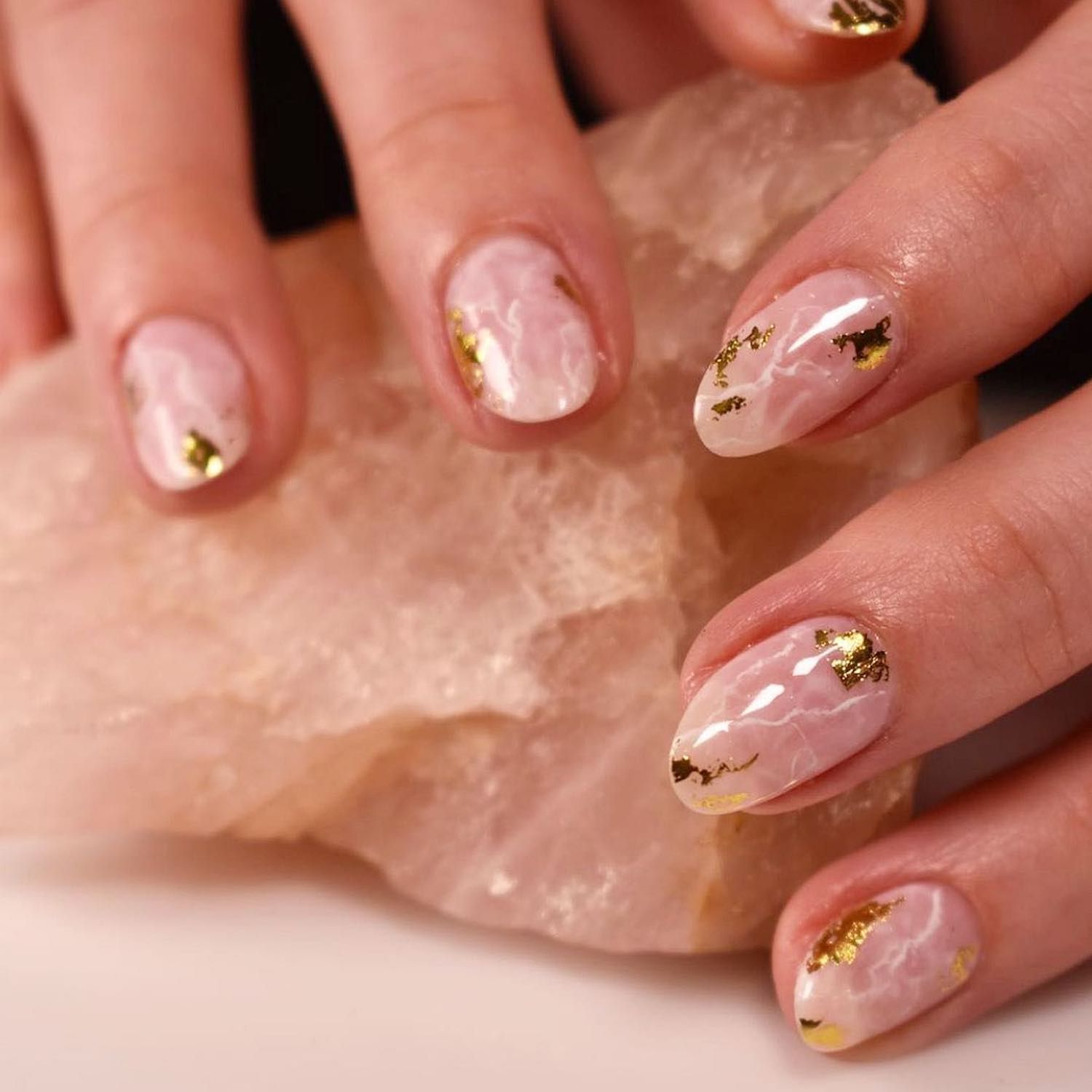 Rose quartz nails with gold foil accents