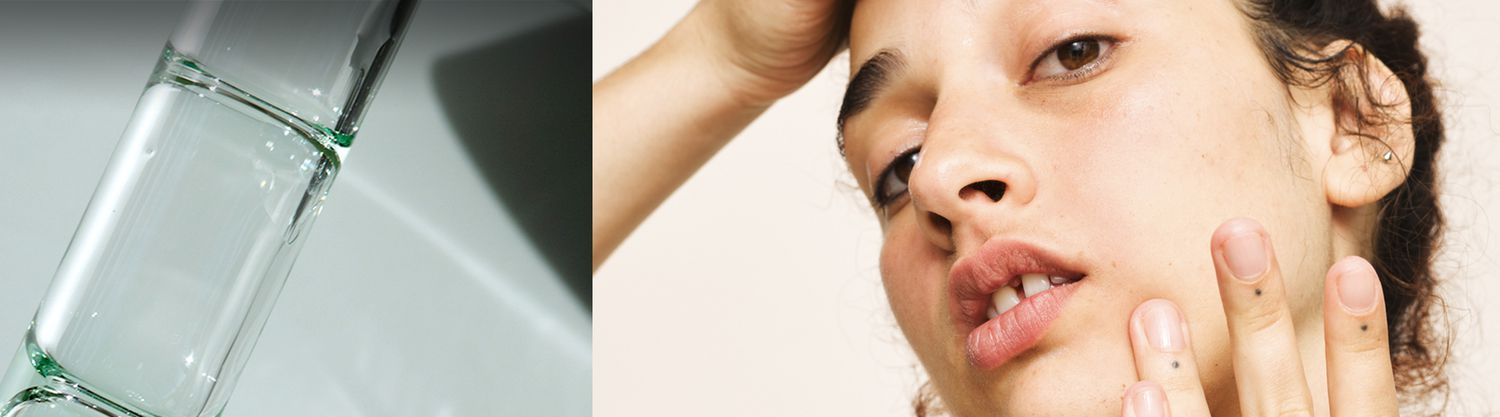 split image of oil vial and model touching her face