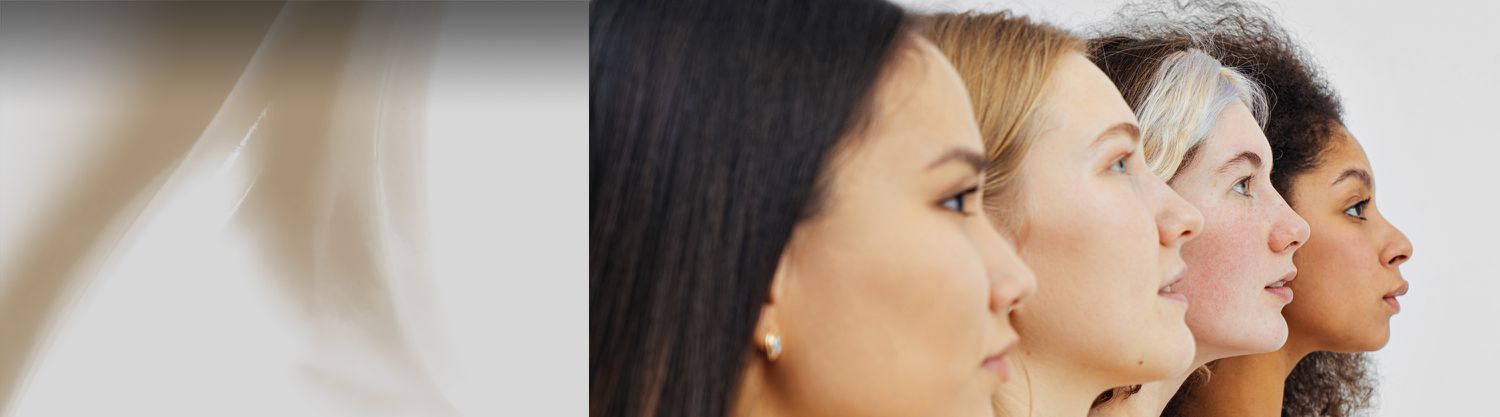 split image of white background and group of women looking together to the side