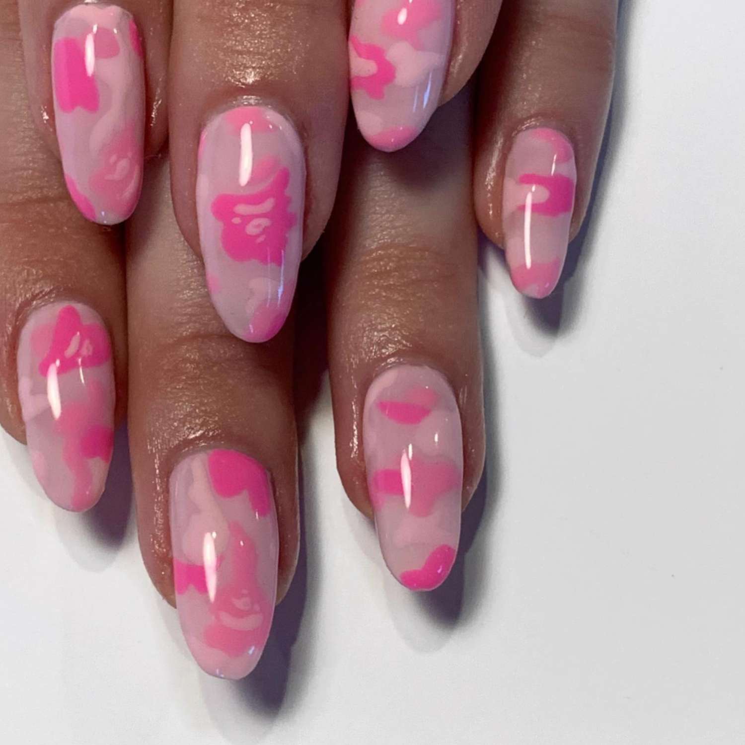 Camo print nails in monochromatic pink color scheme