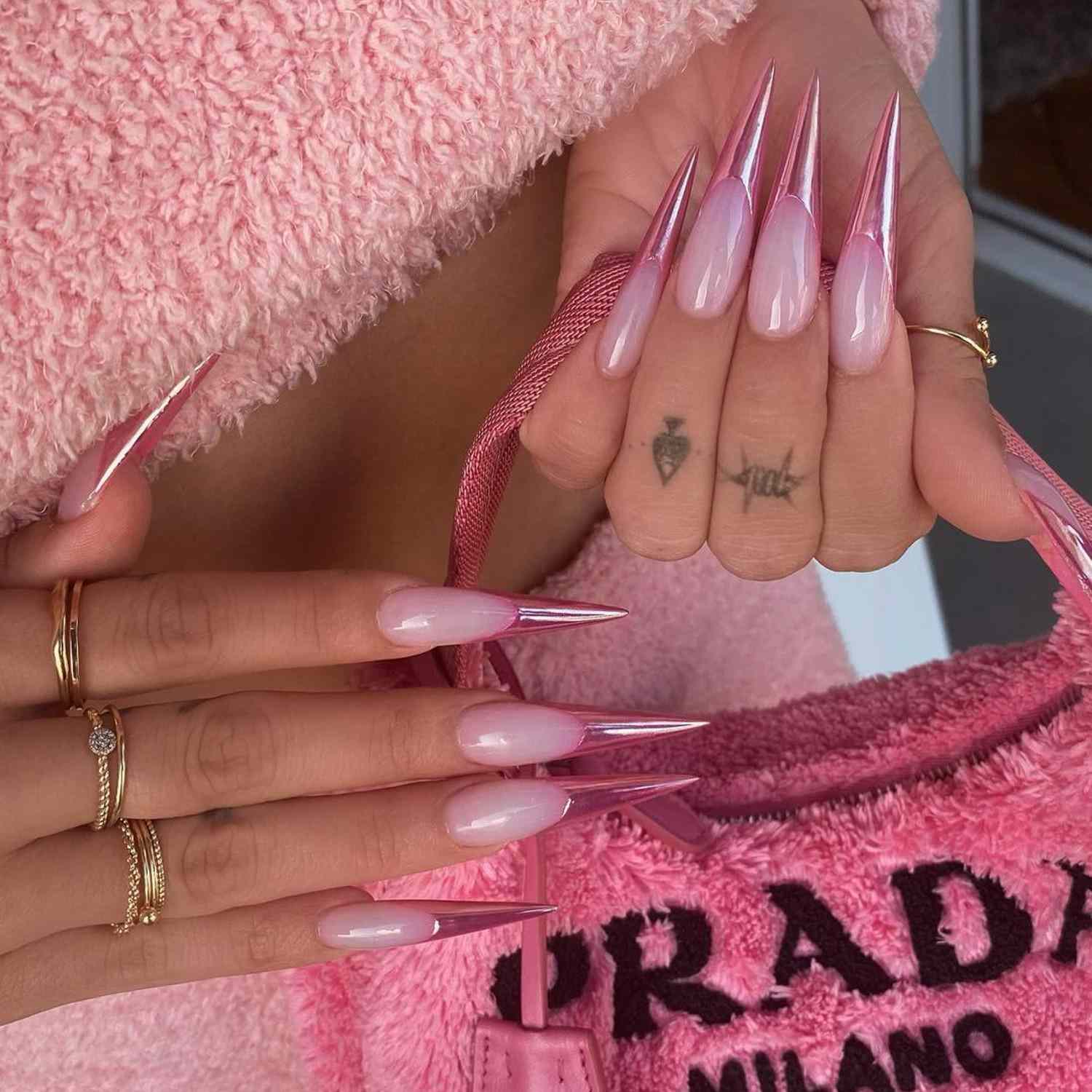 Baby Pink Chrome Stiletto Nails