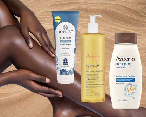 Collage of three best body washes for eczema we recommend on a sand background