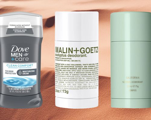 a collage of the best deodorant for men featuring brands Dove, Malin + Goetz, and Corpus