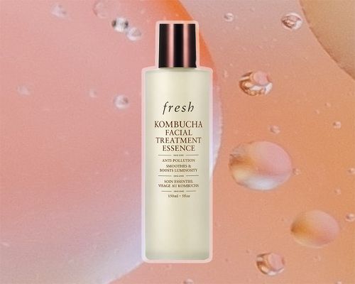 Fresh Kombucha Facial Treatment Essence outlined in pink and displayed on a colorful background