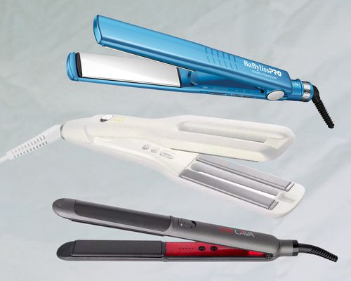 Best flat irons collaged against a gray surface