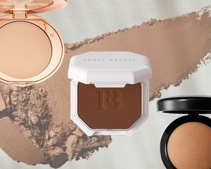 Collage of the best pressed powders we recommend on a grey background