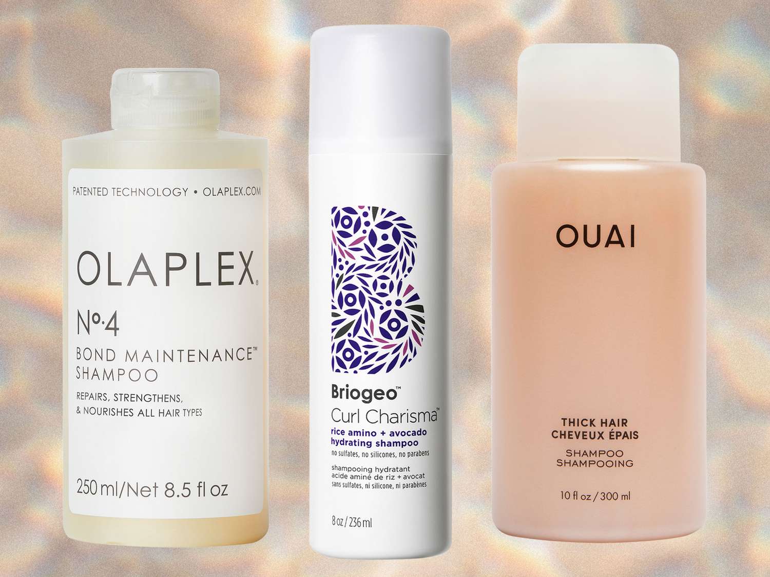 Collage of shampoos we recommend for colored hair on a multi-colored background