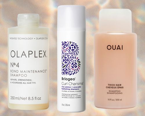 Collage of shampoos we recommend for colored hair on a multi-colored background