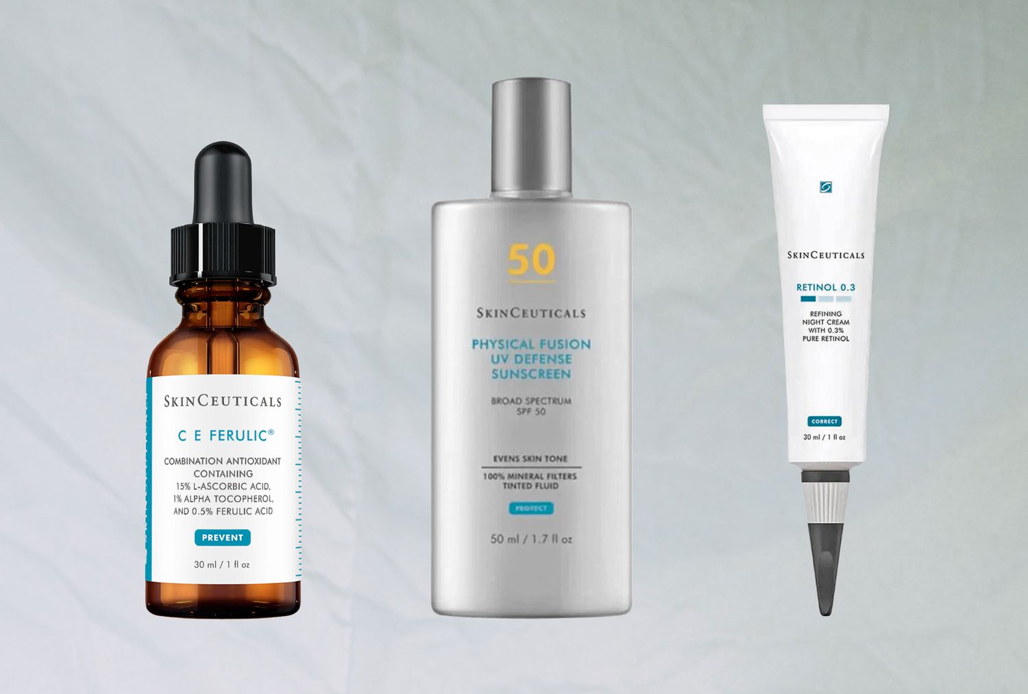 Collage of three SkinCeuticals Products on a grey background 