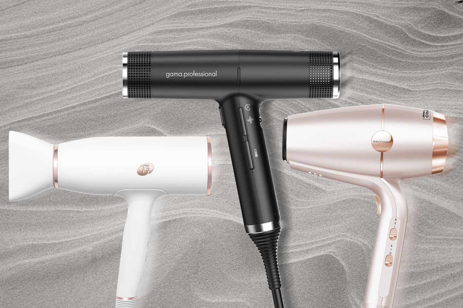 Best hairdryers collaged against textured gray background