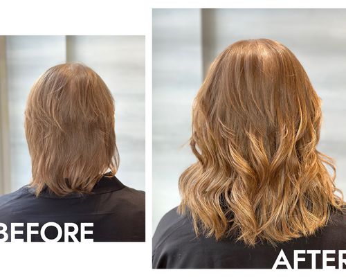 The author before and after bonded hair extensions, viewed from behind