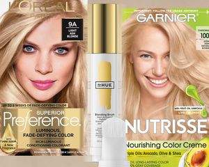 L'Oreal Superior Preference, Hue, and Garnier Nutrisse blonde hair dyes collaged against a neutral background