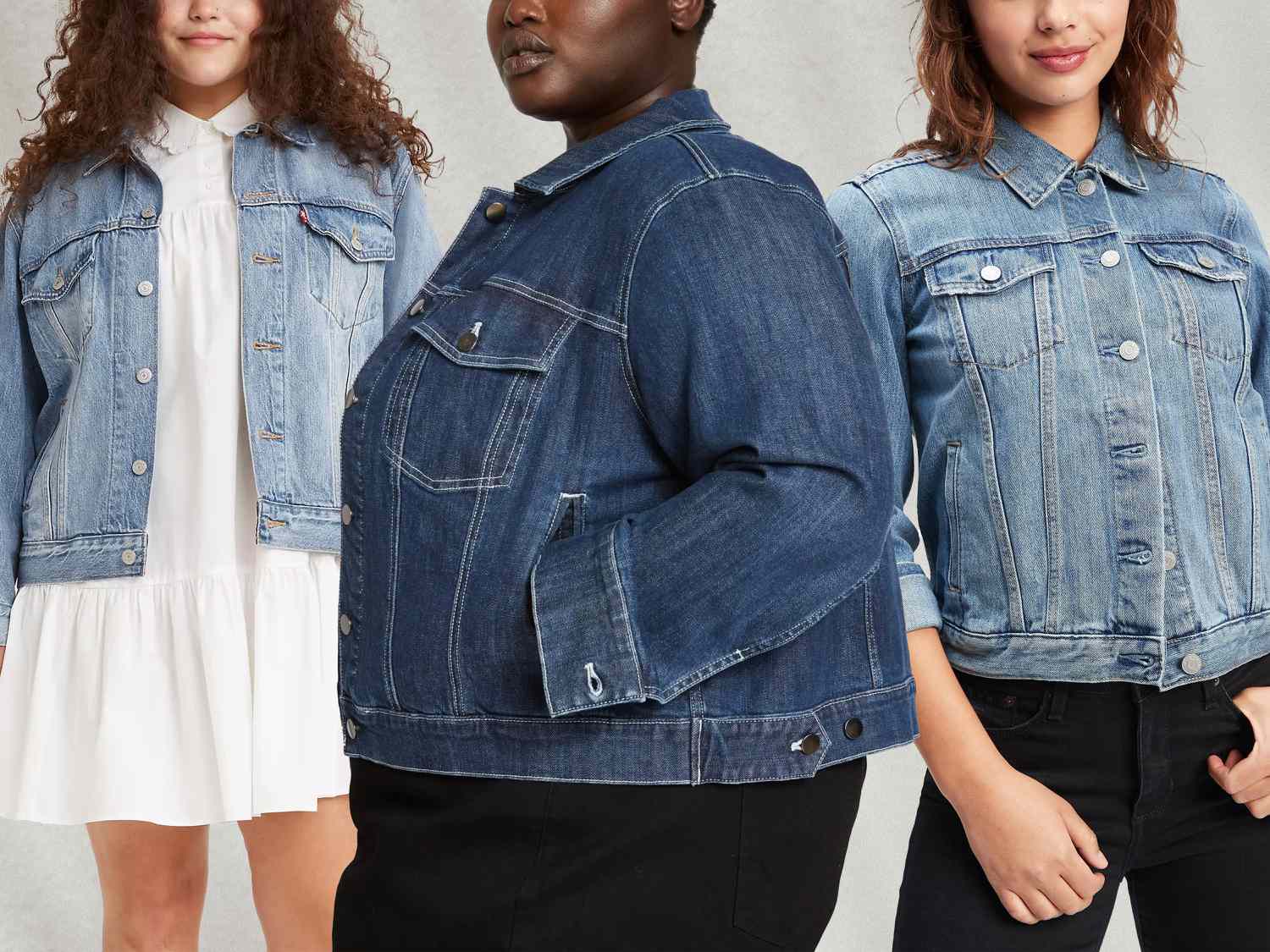 Collage of jean jackets we recommend on a gray background