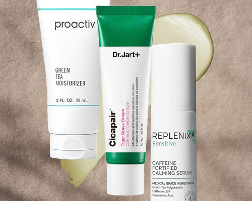 Collage of moisturizers we recommend for rosacea on a gray background