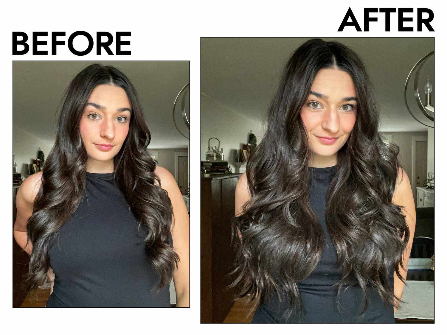 A person's hair before and after using Moroccanoil Dry Texture Spray