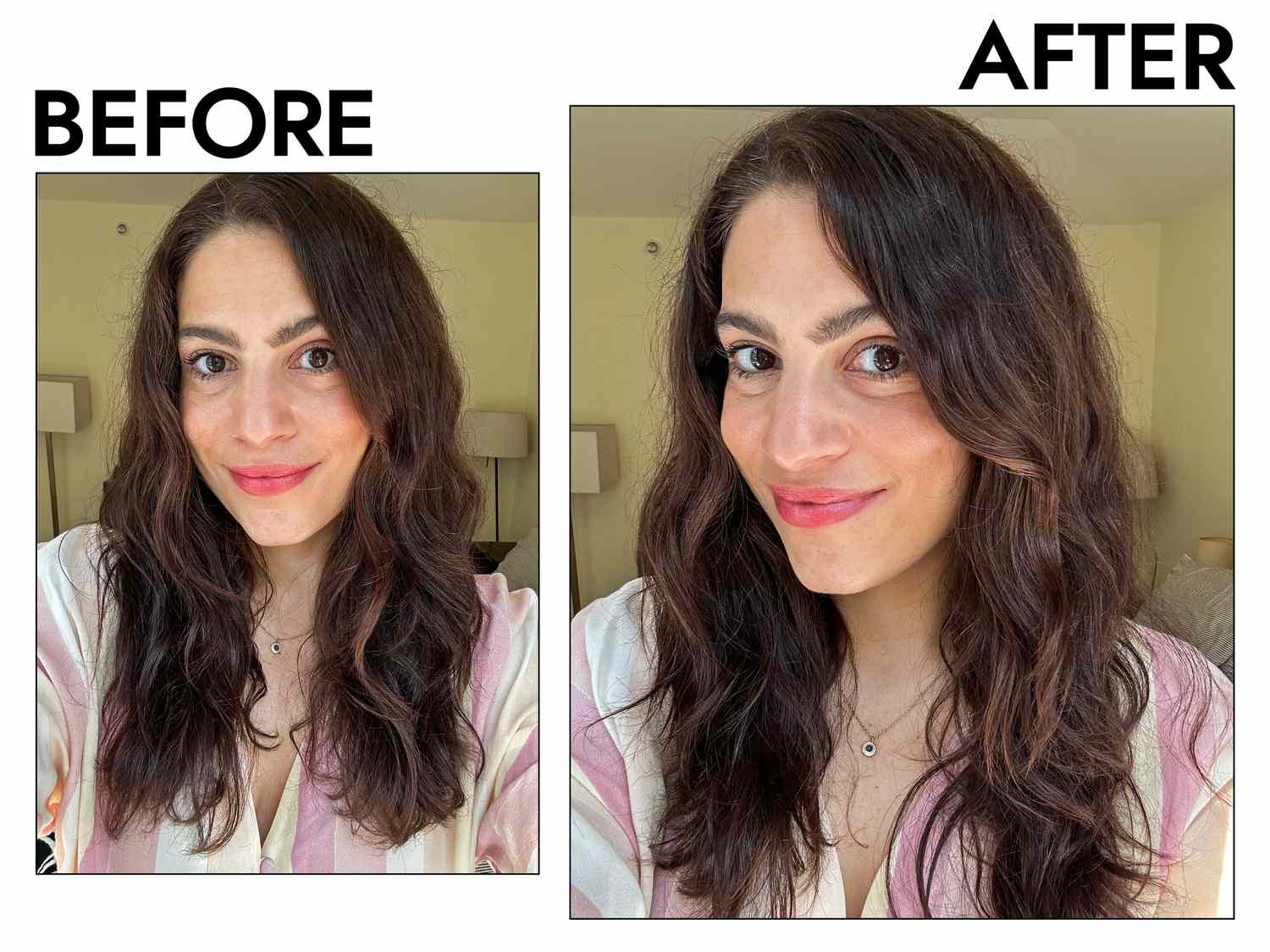 A person's hair before and after using Pureology Style + Protect Beach Waves Sugar Spray