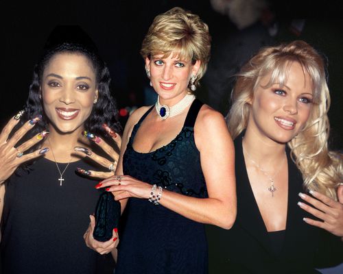 Florence Griffth-Joyner, Princess Diana, and Pamela Anderson with 90s Nail Trends