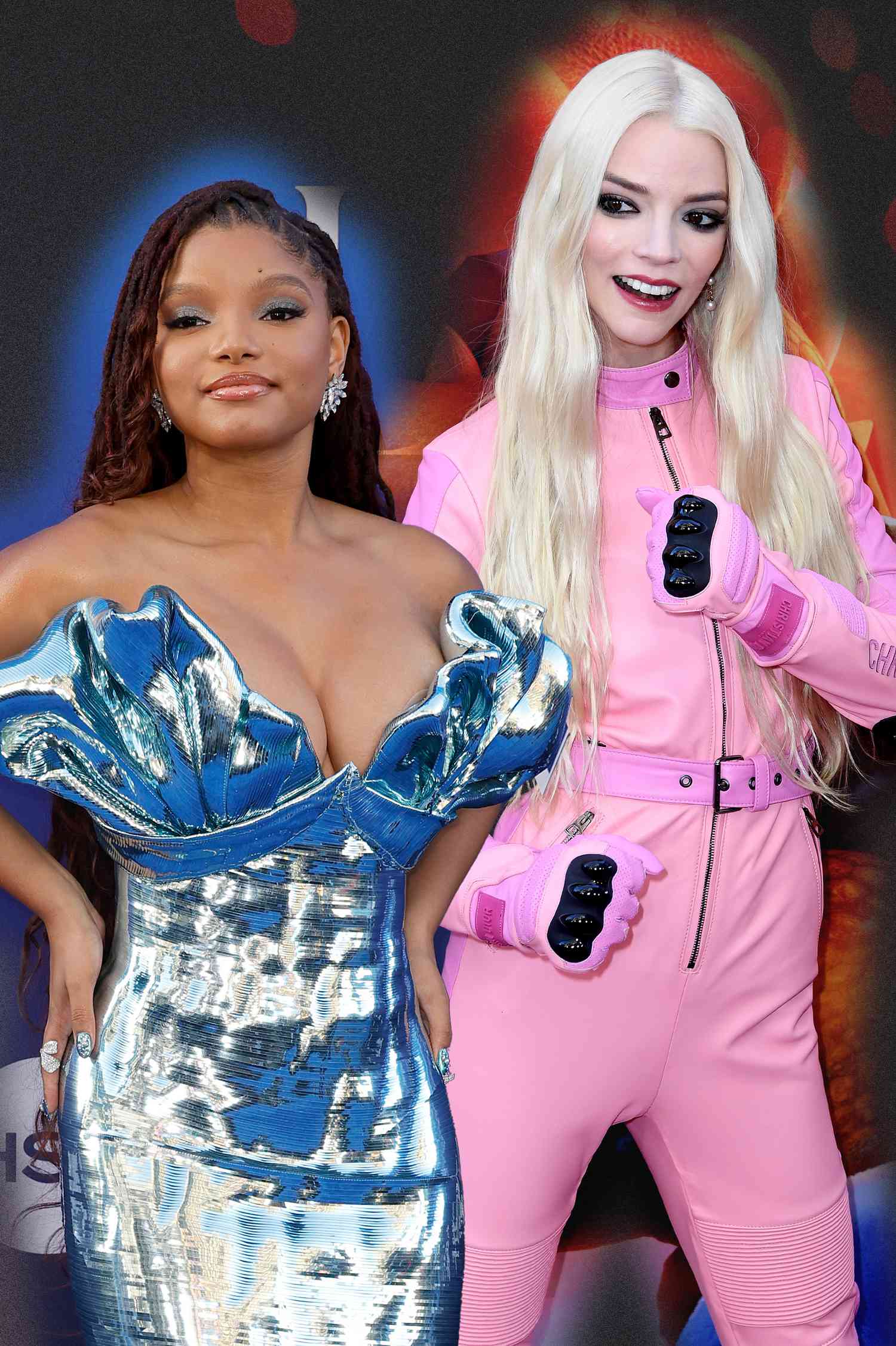 Halle Bailey and Anya Taylor Joy wearing outfits inspired by Ariel and Princess Peach for the Little Mermaid and Super Mario Bros Movie premieres