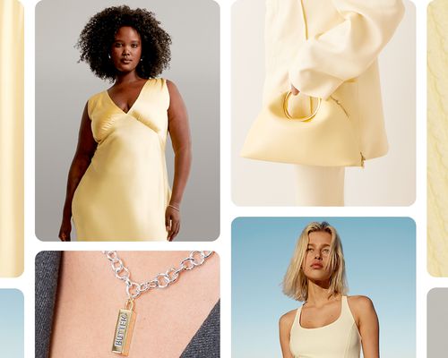 A collage of butter yellow spring outfit ideas, including a dress, necklace, and handbag.