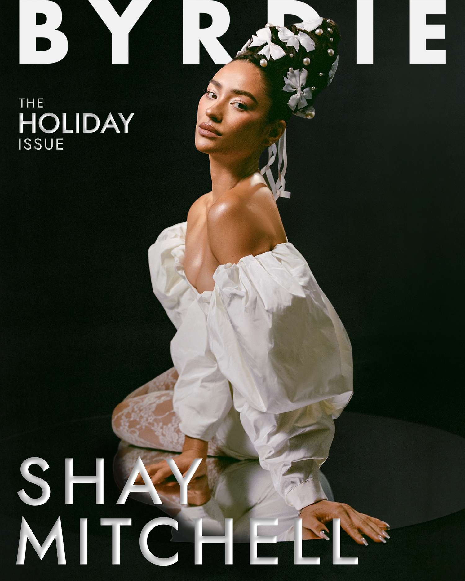 Shay Mitchell Byrdie cover bow beehive white dress