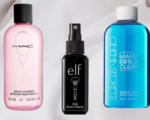 A collage of makeup brush cleaners we recommend on a gray background