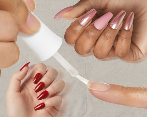 A collage of hands showing manicured and painted nails on a beige background