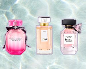 Collage of Victoria Secret perfumes we recommend on a blue water background