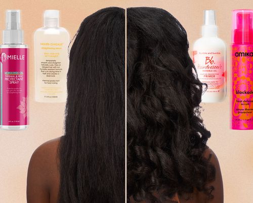 Best heat protectants for natural hair next to unstyled and styled hair on orange background