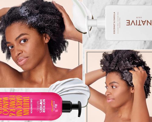 Collage of conditioners we recommend for curly hair and people using conditioner on their hair