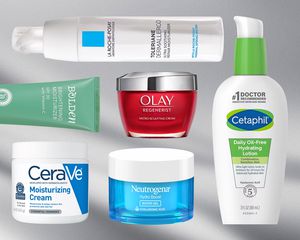 A collage of drugstore moisturizers we recommend on a grey background