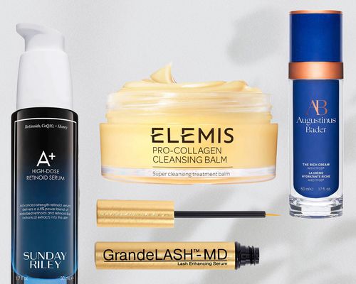 Collage of beauty products including Elemis, Grande Lash-MD, Augustinus Bader, and Sunday Riley