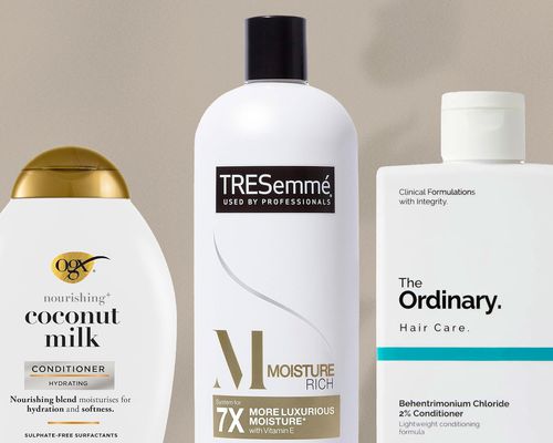 A collage of drugstore conditioners we recommend on a beige background