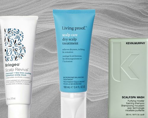 a collage of dry scalp treatments from Briogeo, Living Proof, and Kevin Murphy on gray background