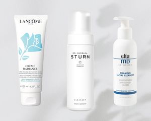 A collage of the best foam cleansers on a gray background