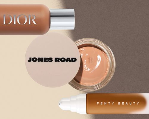 Collage of the best foundations on a tan and gray background