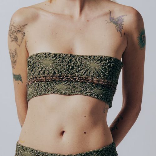 Gauntlett Cheng Collage Bandage Bra in dark green pointelle