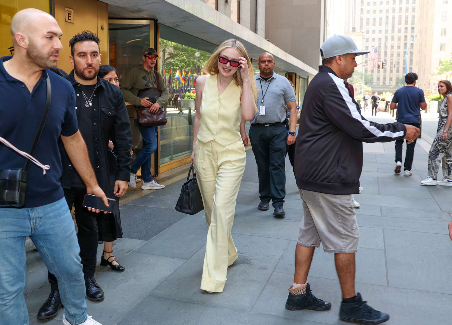 Dakota Fanning wearing a linen suit set.