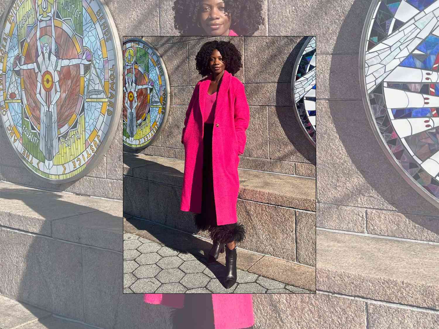 Jasmine Phillips wearing a hot pink coat.