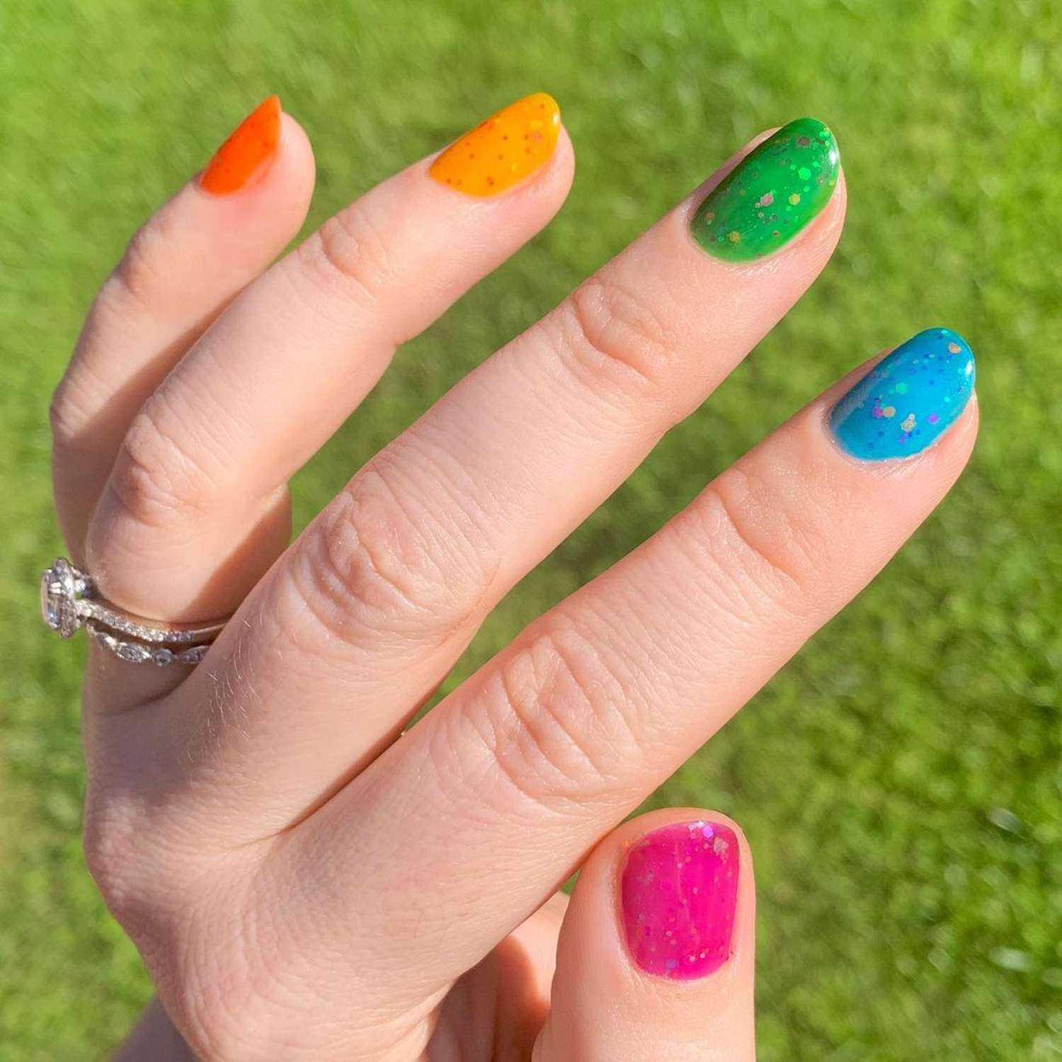 Jelly rainbow skittle nails with confetti glitter