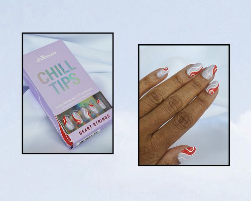 left: chillhouse chill tips in heart strings right: press ons on hand