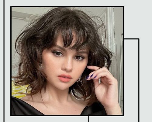 selena gomez in black top with short messy hair and wispy bangs