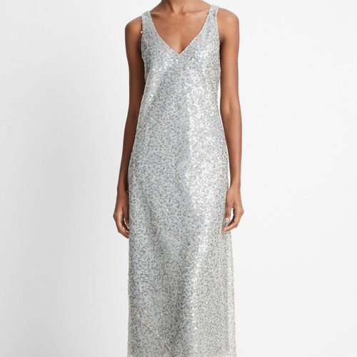 Vince Lucite Metallic Sequin Slip Dress in silver on model