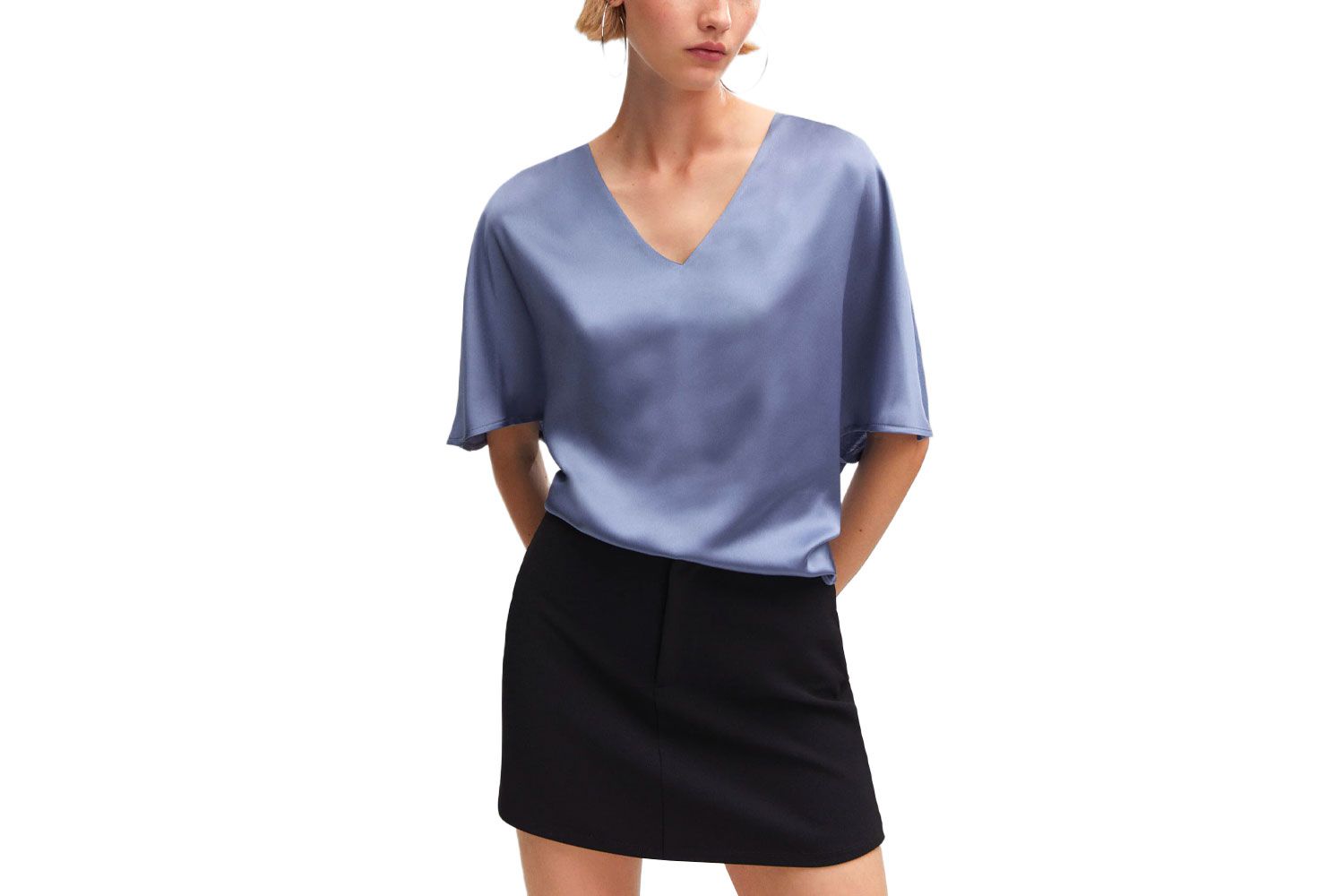 Mango Short Sleeve Satin Blouse in Sky Blue 