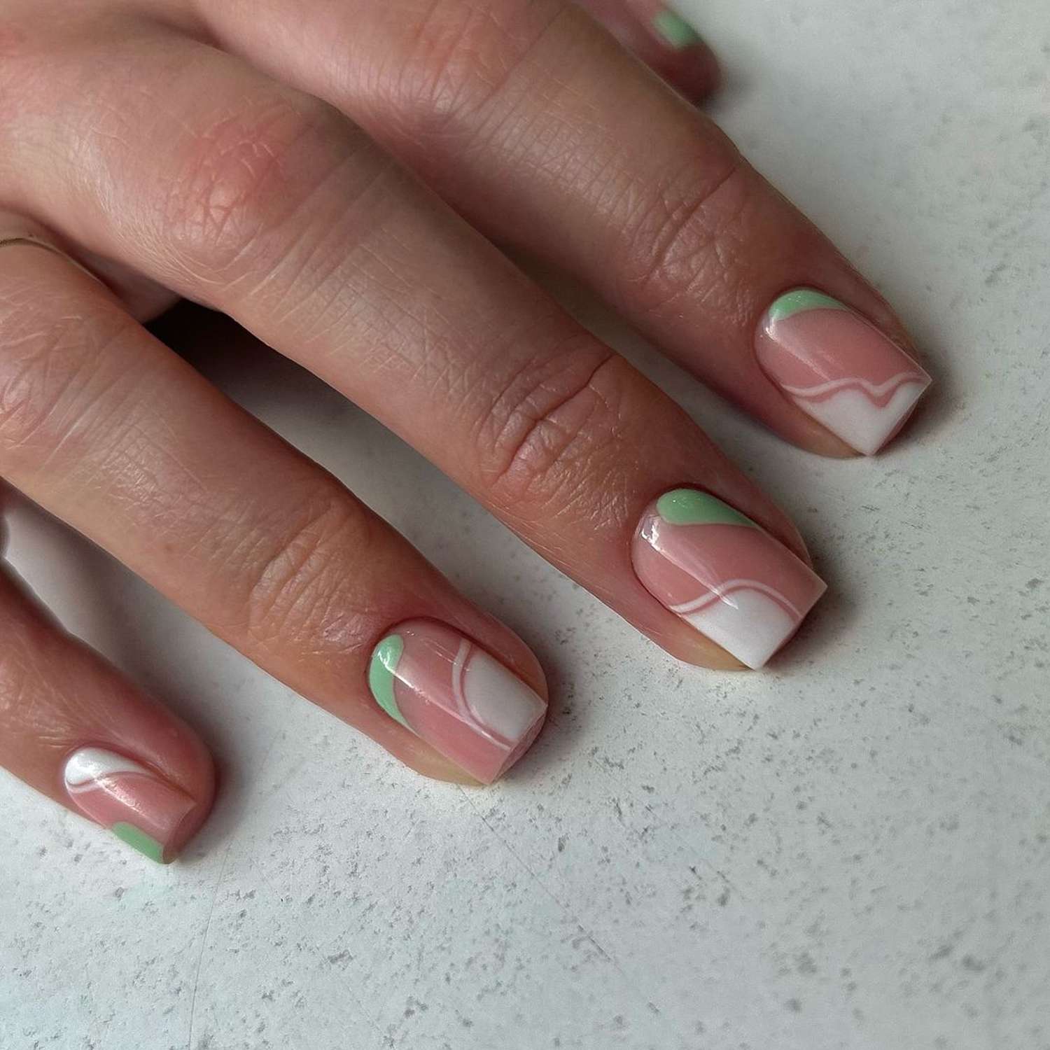 White and mint swirl square French tips