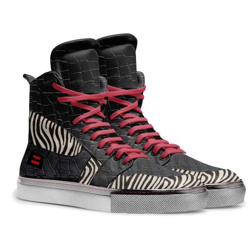 Nik Kacy High-Top Sneakers in black croc with red laces and zebra print